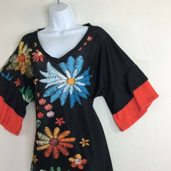 Lily by Firmiana Women's Black & Blue Floral V-Neck Ruffle-Sleeve Tunic 1XL - Picture 4 of 10
